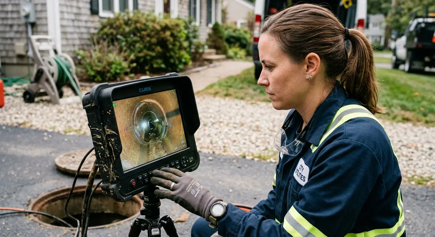 Technician reviewing sewer camera inspection footage in Brownfields
