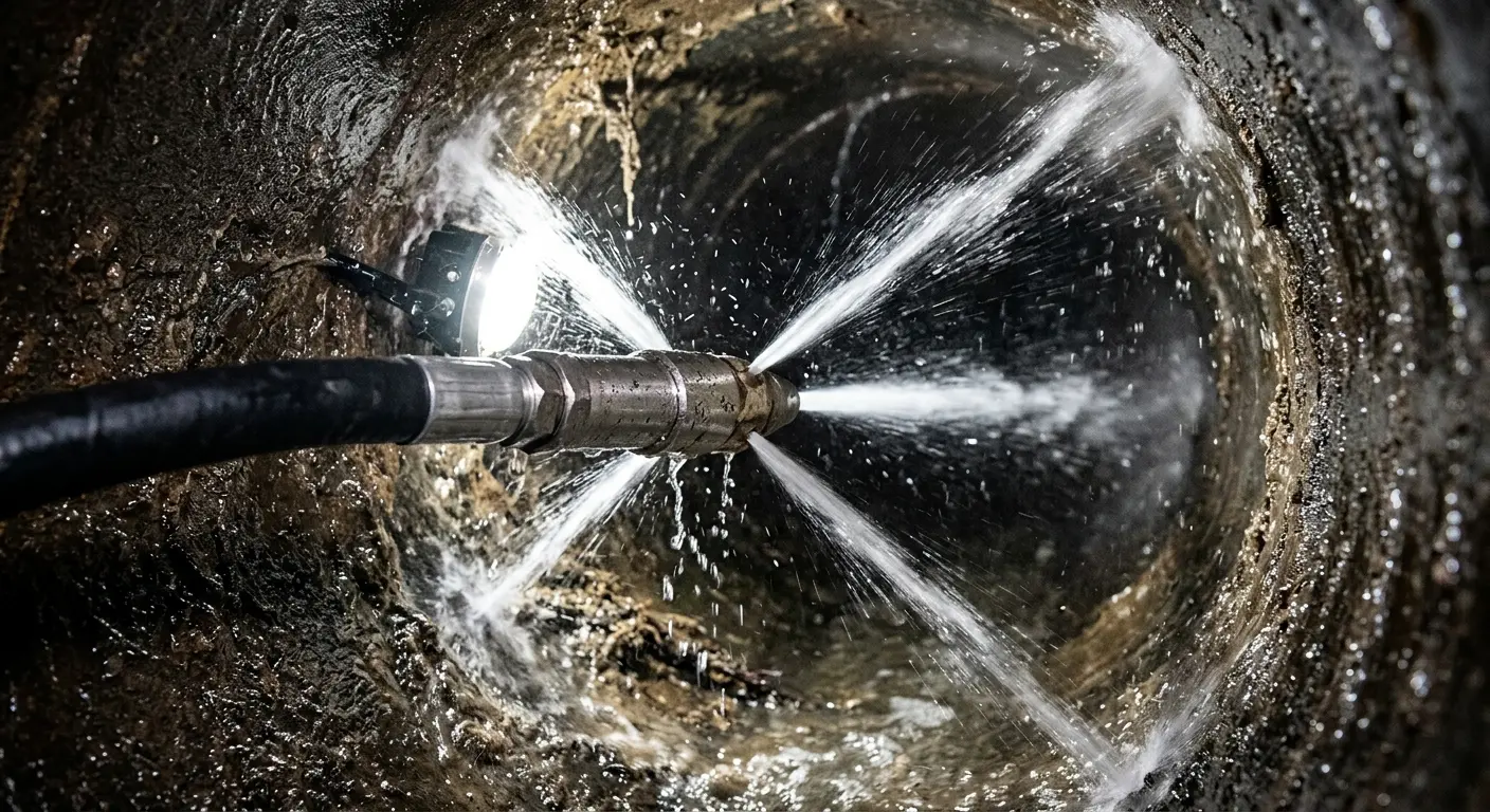 High-pressure hydro jetting nozzle cleaning sewer pipe for Storm Drain Cleaning in Brownfields