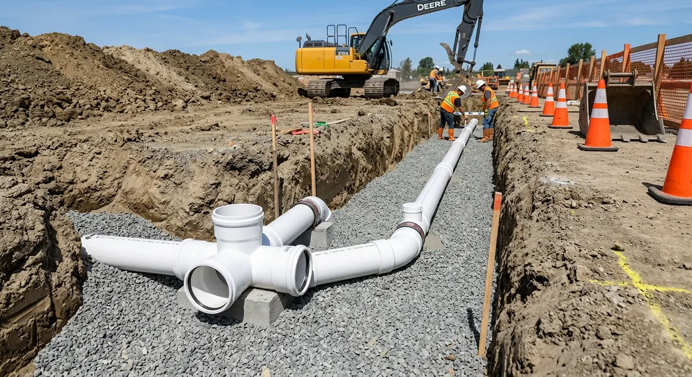 New PVC sewer pipe installation in open trench for Grease Trap Cleaning in Brownfields